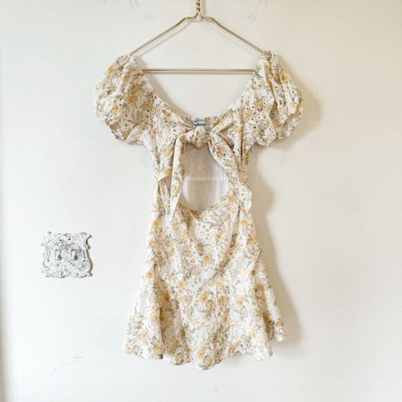 En Saison Yellow Floral Eyelet Tie Front Cut Out Puff Sleeve Smocked Dress S - Picture 5 of 13